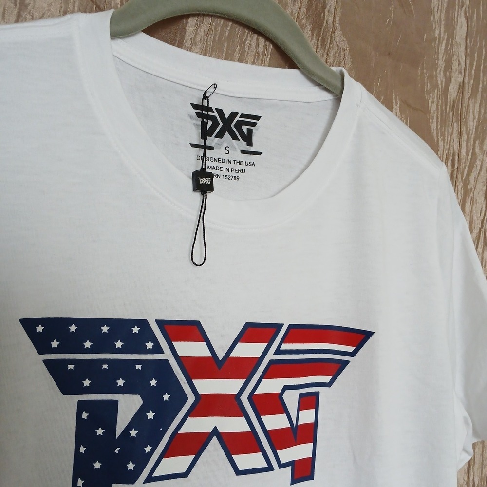 PXG Parsons Xtreme Golf T Shirt USA Flag‎ Men's Small White Short Sleeve NWOT *